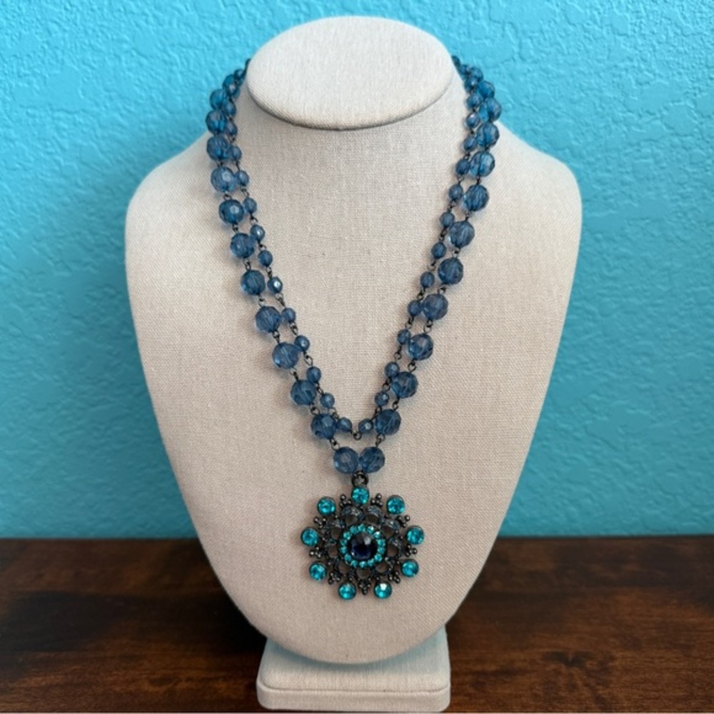 Apt 9 Blue Beaded Statement Necklace Double Strand Starburst Rhinestone Pendant